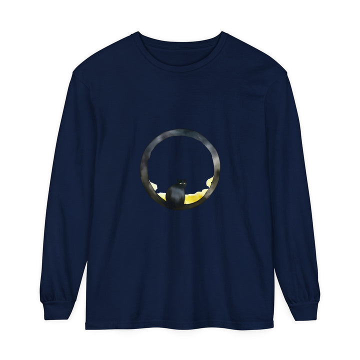 Black Cat Moon Glow Long Sleeve T-Shirt, a stylish and comfortable black shirt with a moonlit cat design