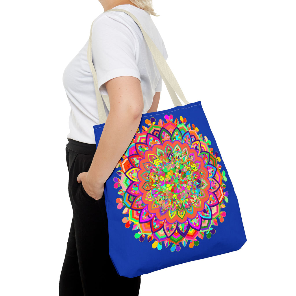 Dark blue tote bag with colorful mandala art design, perfect for carrying your essentials in style