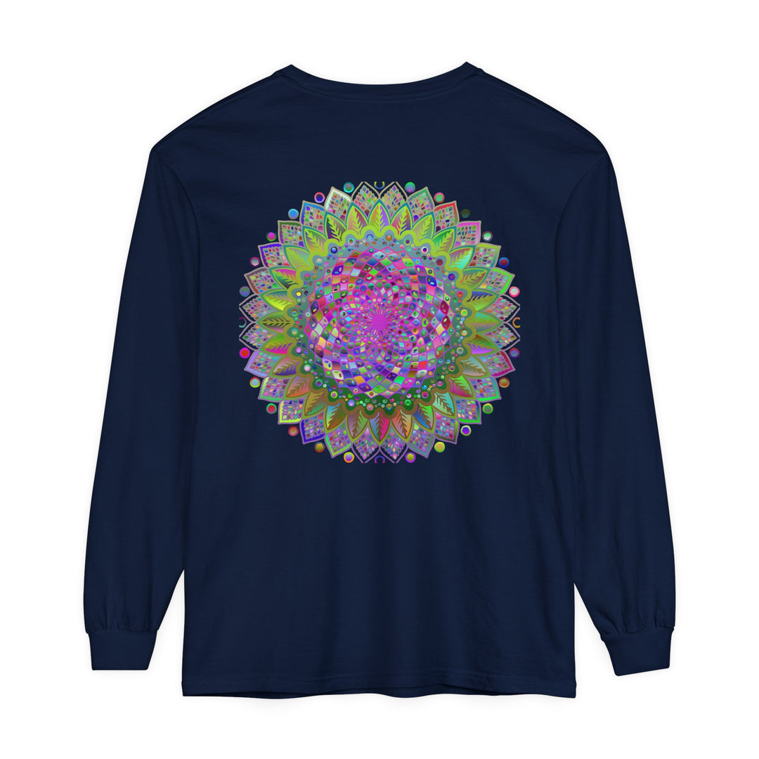 Colorful and intricate vibrantly patterned mandala design on unisex long sleeve t-shirt