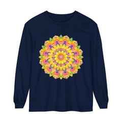Colorful and intricate mandala design on a unisex long sleeve t-shirt