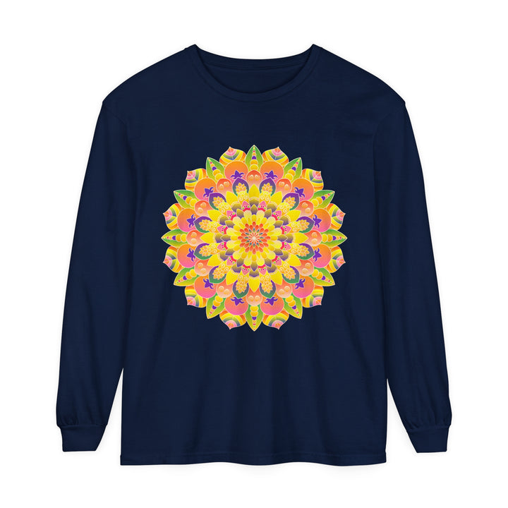 Colorful and intricate mandala design on a unisex long sleeve t-shirt