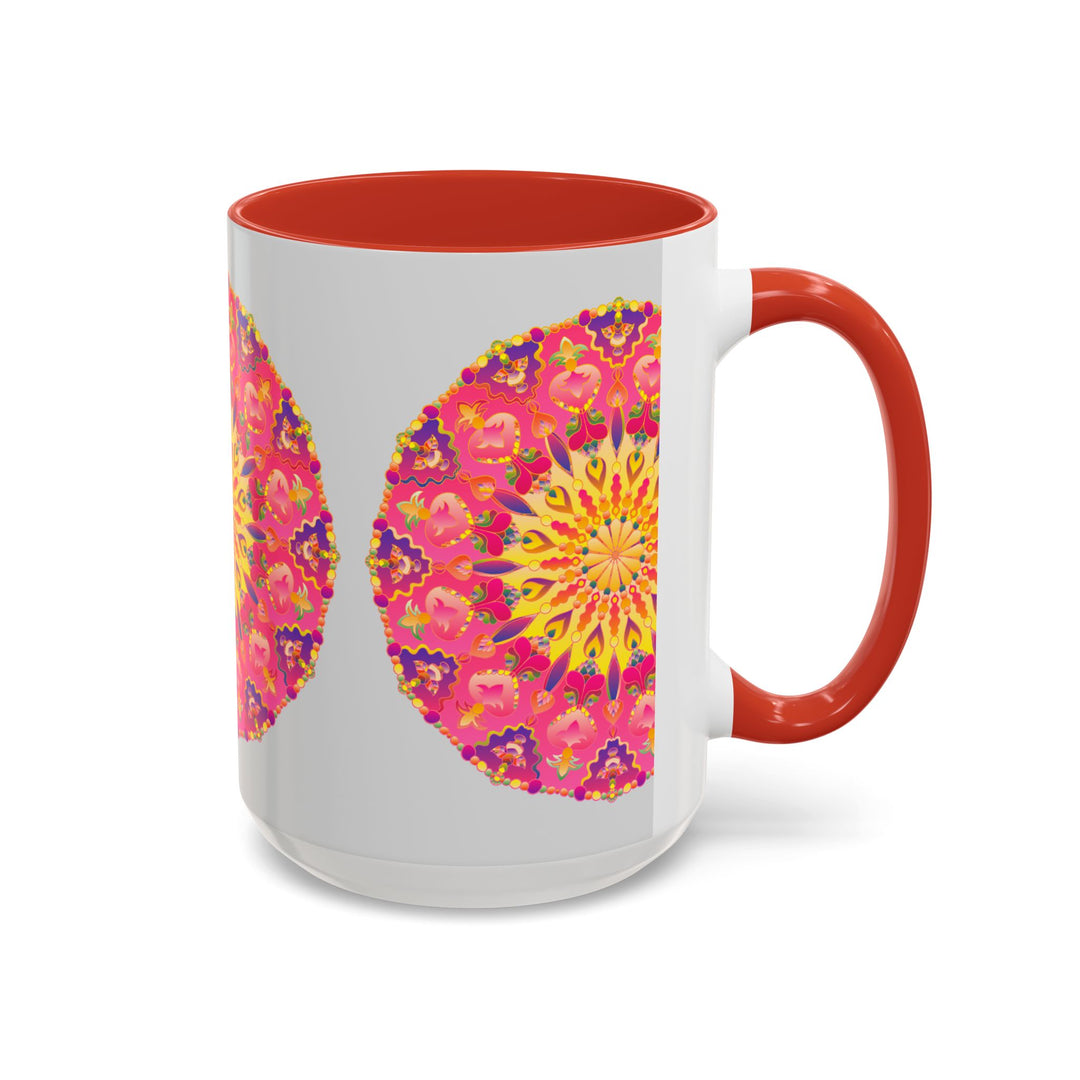 Colorful mandala art mug in pink, yellow, and green with intricate designs