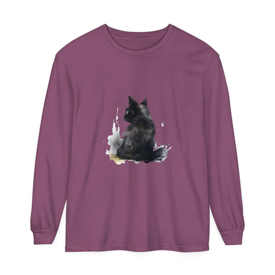 Black Cat Watercolor Dream Long Sleeve T-Shirt with artistic feline design