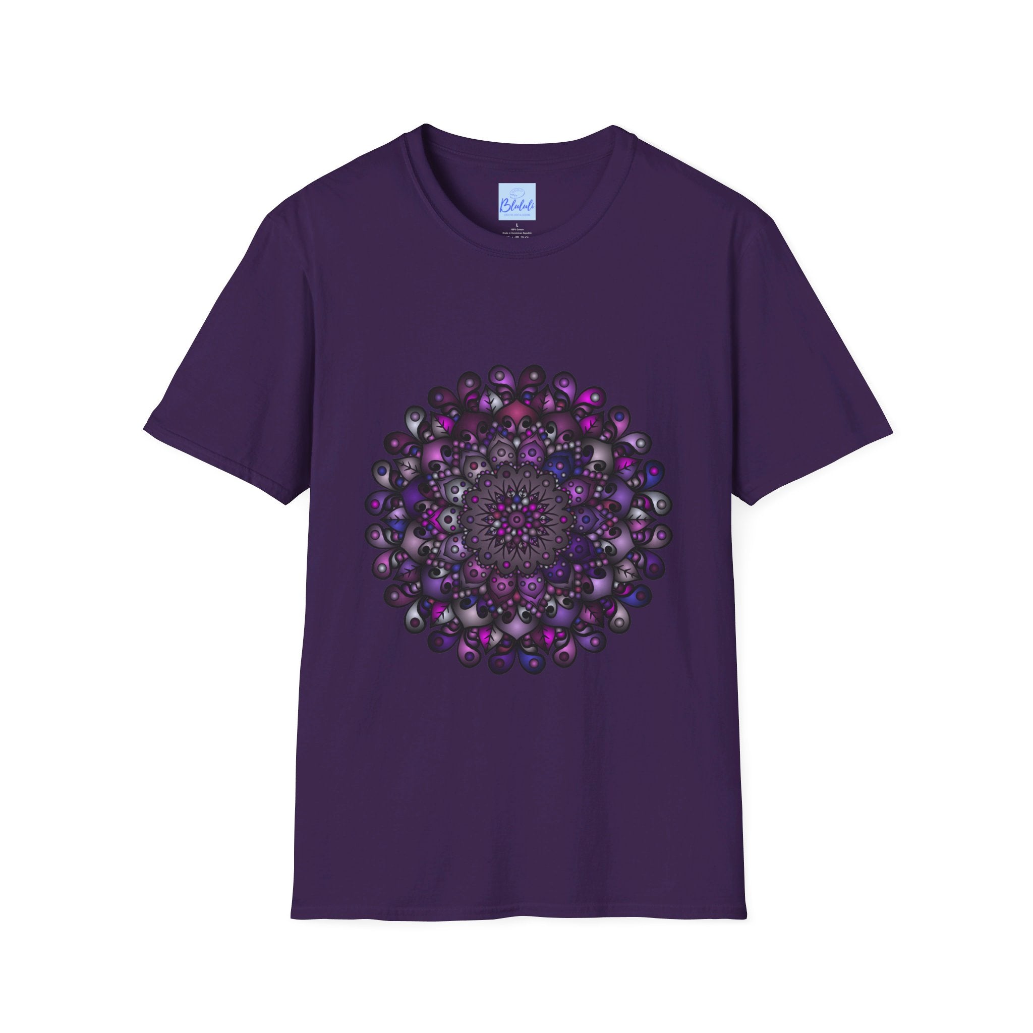 Handmade Mandala Art Softstyle T-Shirt in vibrant blues and purples