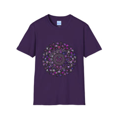 Handmade Mandala Art Softstyle T-Shirt in vibrant blues and purples