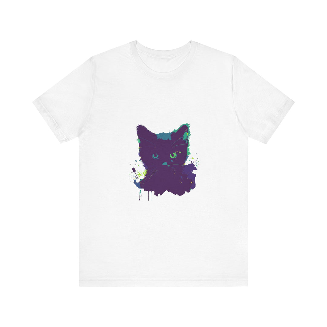 A close-up image of a Black Cat Mystery Watercolor T-Shirt, featuring vibrant watercolor design on a black background