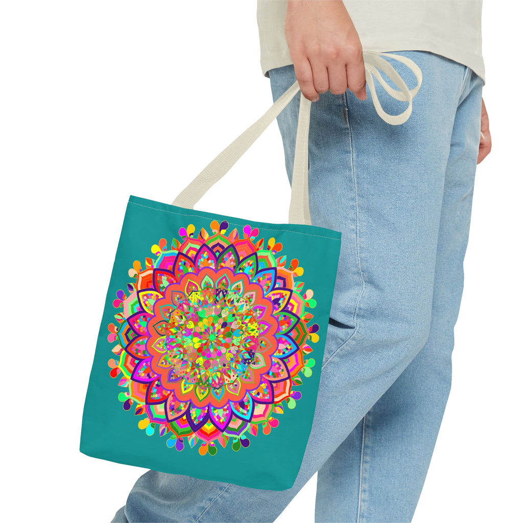 Colorful mandala art tote bag in acquamarine with intricate floral and geometric designs, perfect for carrying books, groceries, and everyday essentials