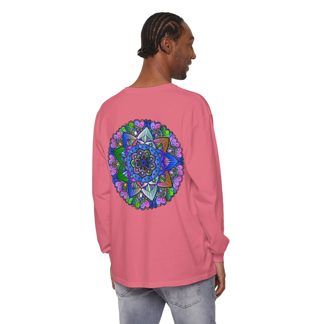 Colorful and detailed mandala design on a unisex long sleeve t-shirt