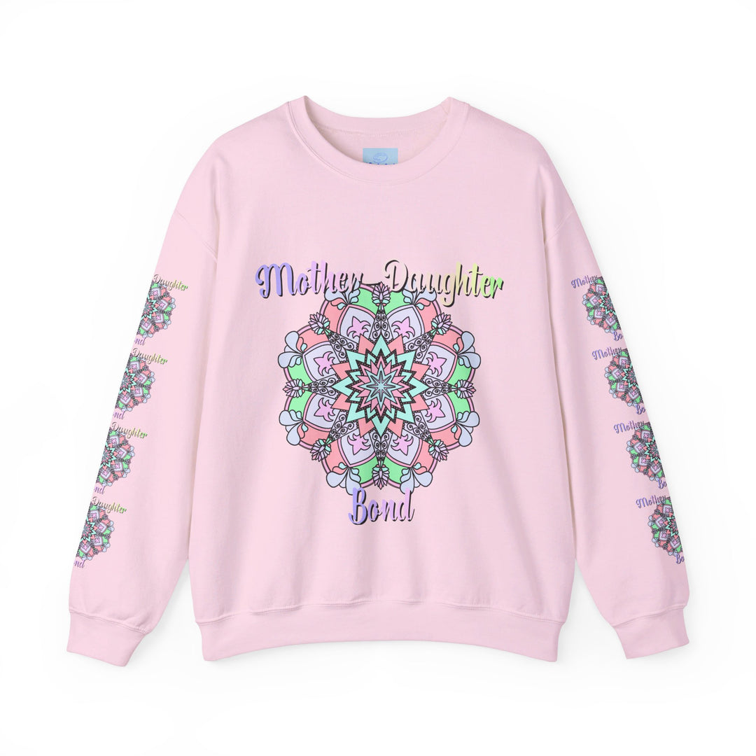 Mother and daughter hugging while wearing matching 'Mother-Daughter Bond' Unisex Heavy Blend™ Crewneck Sweatshirts, perfect birthday gift for mom