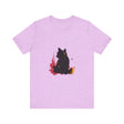 Black Cat Mystery T-Shirt featuring colorful splatter art design on black fabric