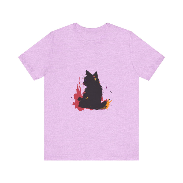 Black Cat Mystery T-Shirt featuring colorful splatter art design on black fabric