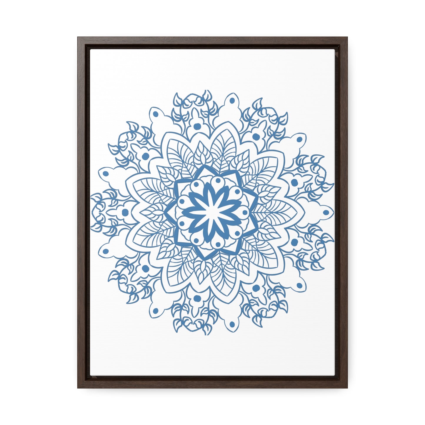 Beautiful steel blue mandala design handmade wall art on gallery canvas wraps, displayed in a vertical frame