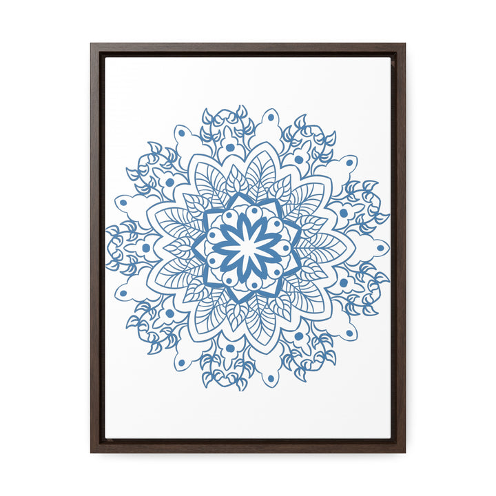 Beautiful steel blue mandala design handmade wall art on gallery canvas wraps, displayed in a vertical frame