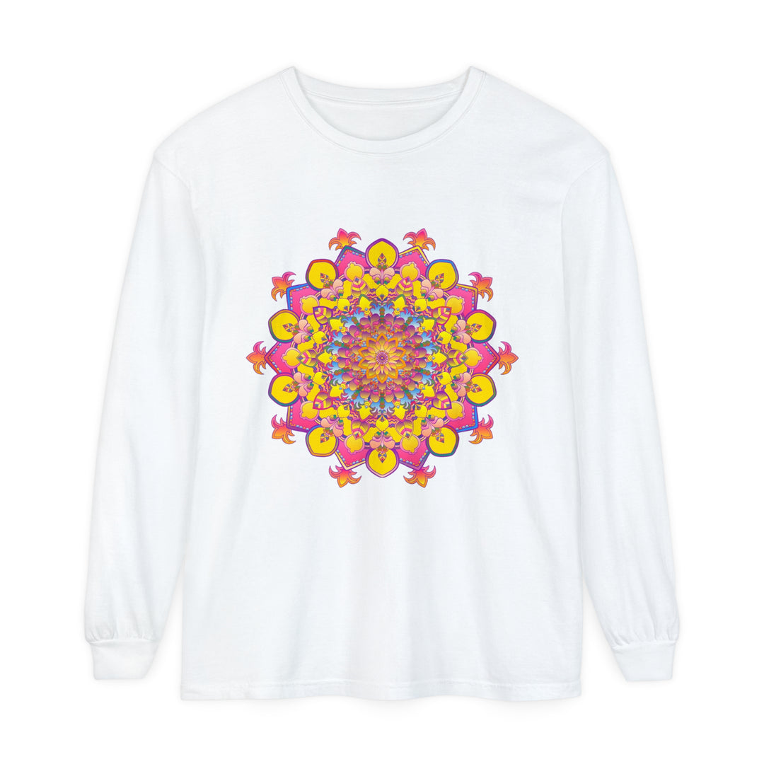 Colorful and intricate mandala design on a unisex long sleeve t-shirt