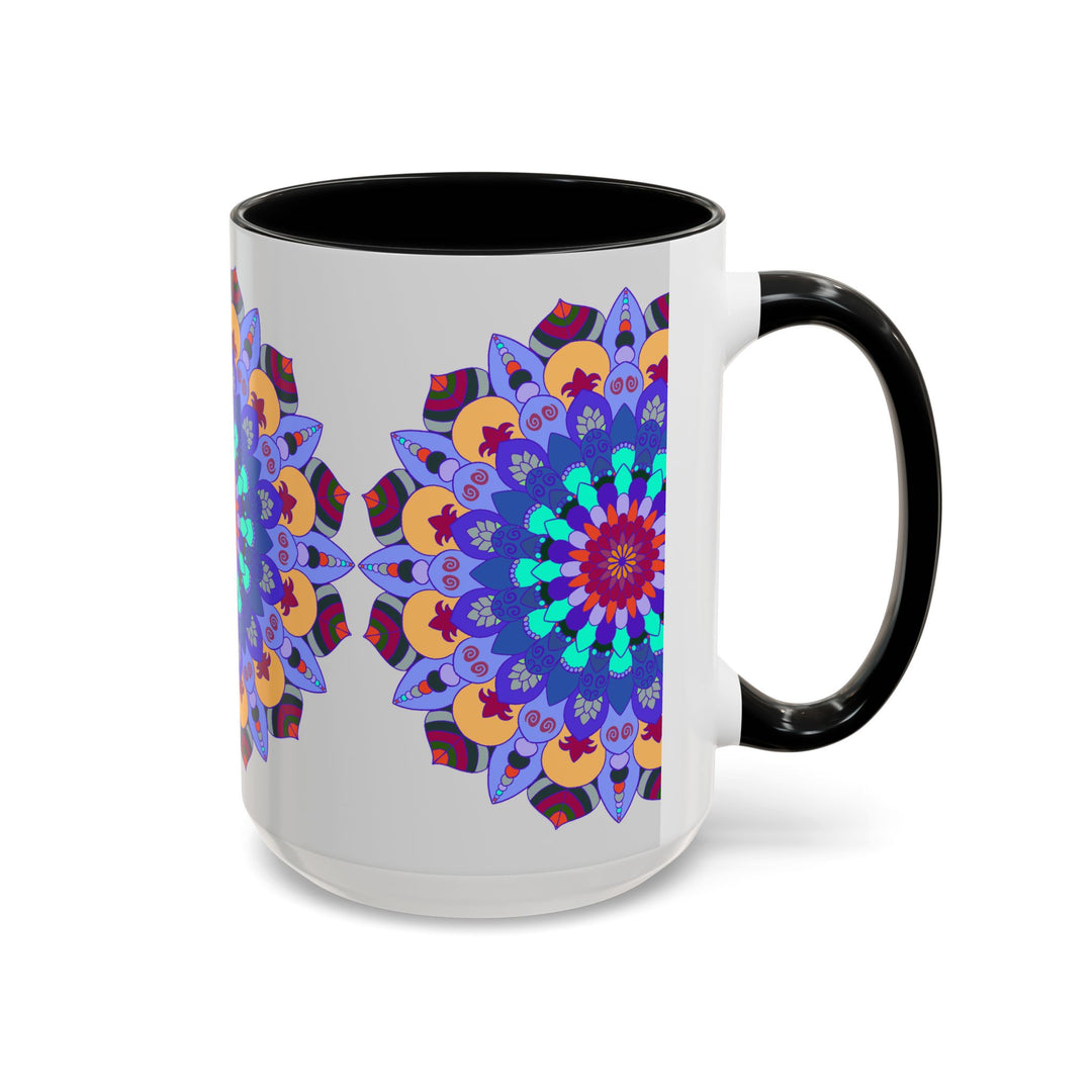 A close-up image of a colorful and symmetrical mandala art mug, showcasing its intricate and vibrant design perfect for art lovers and coffee enthusiasts alike