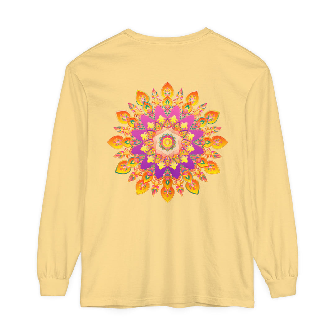 Colorful and intricate mandala design on a unisex long sleeve t-shirt