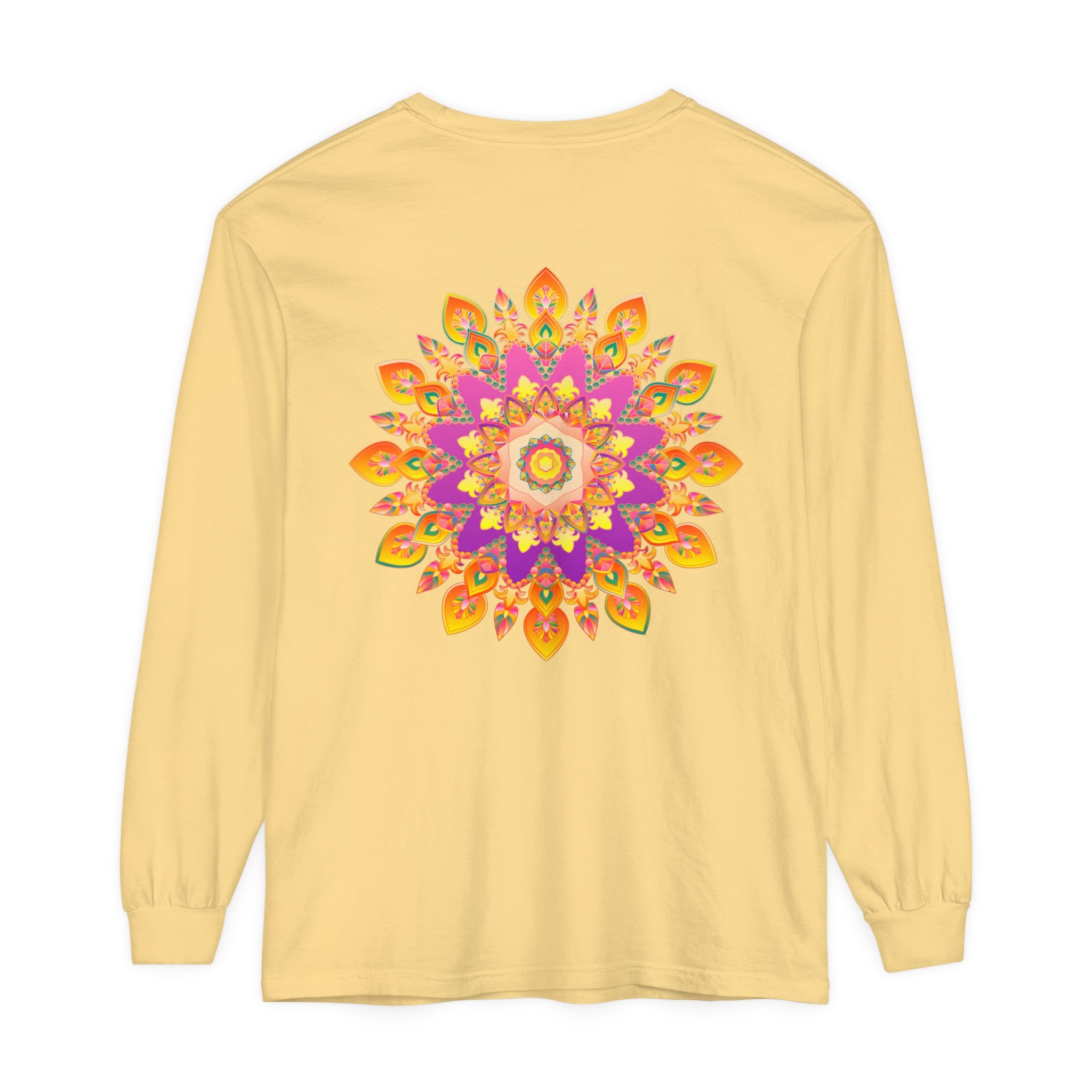 Colorful and intricate mandala design on a unisex long sleeve t-shirt