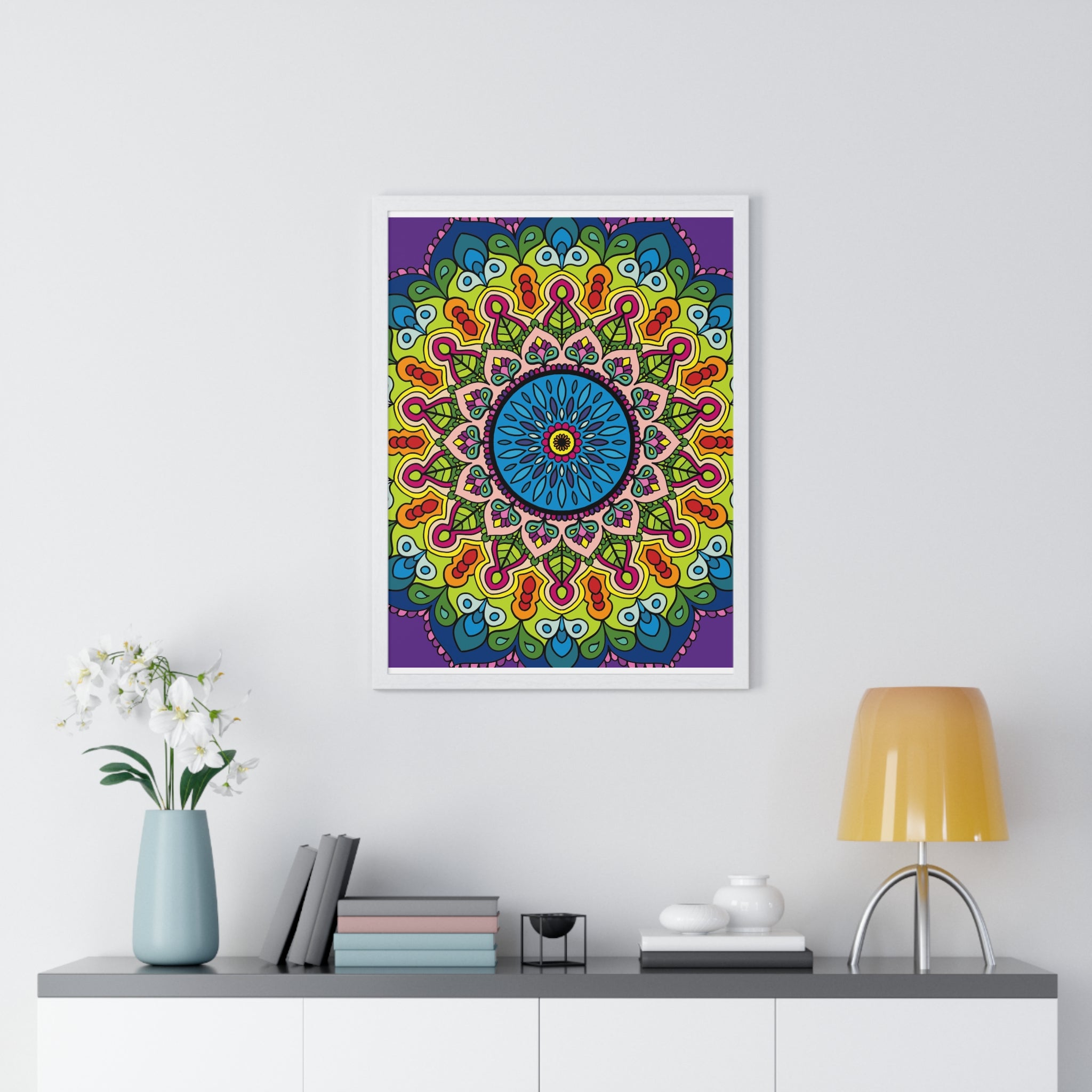 Hand-drawn mandala art framed poster for mindfulness and yoga practice