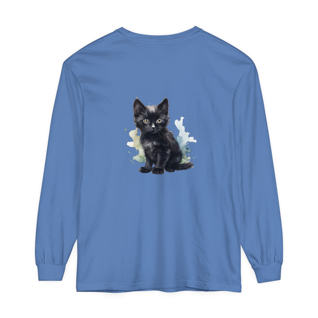 Black Kitten Watercolor Long Sleeve T-Shirt featuring an adorable kitten in watercolor style on a black shirt