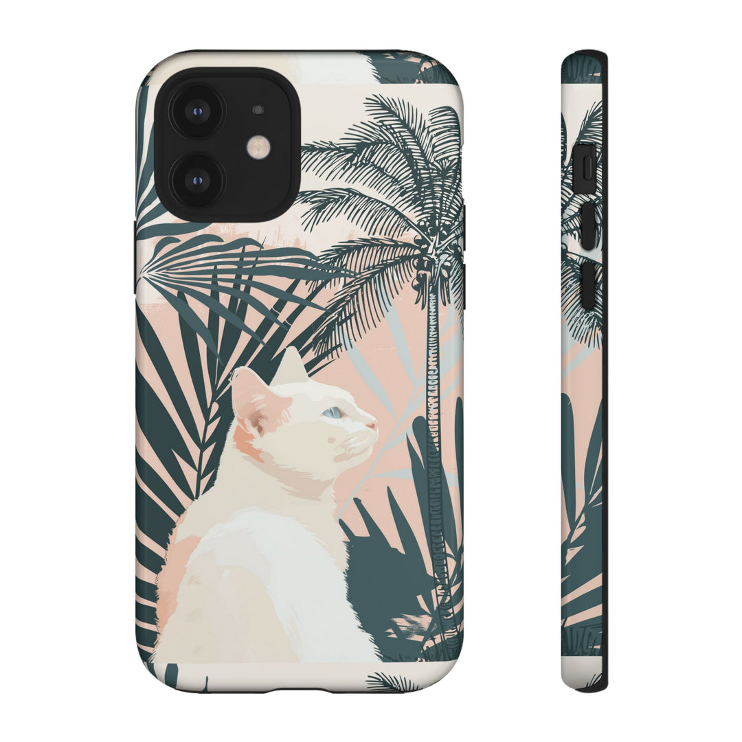 Tropische Katzen-Telefonhülle mit üppigen Palmenmotiven und sanften Pastelltönen