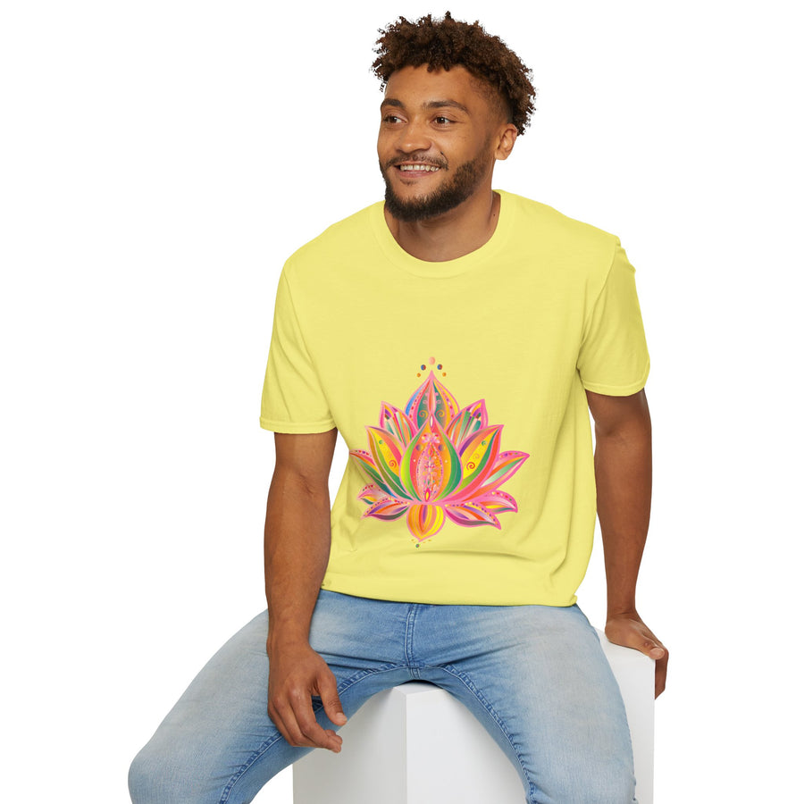 Colorful Lotus Mandala Unisex T-Shirt with Hand-Drawn Unique Design by Blululi