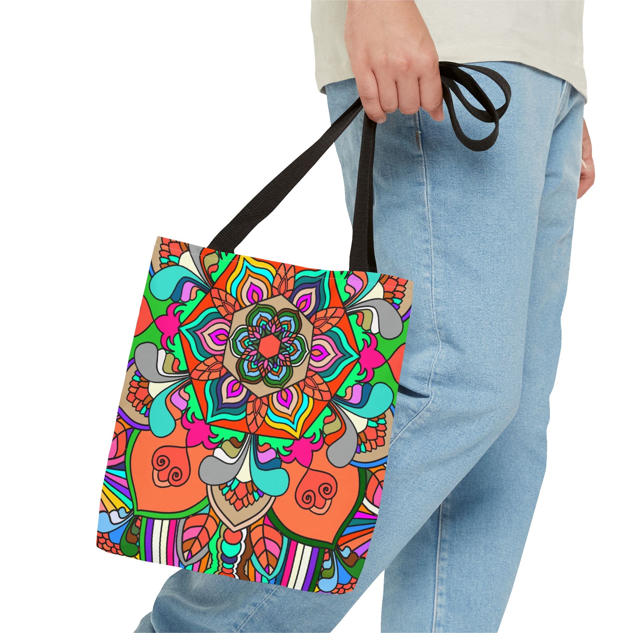 Borsa tote Mandala colorata — Borsa da spiaggia e da mercato con vivace stampa boho all-over