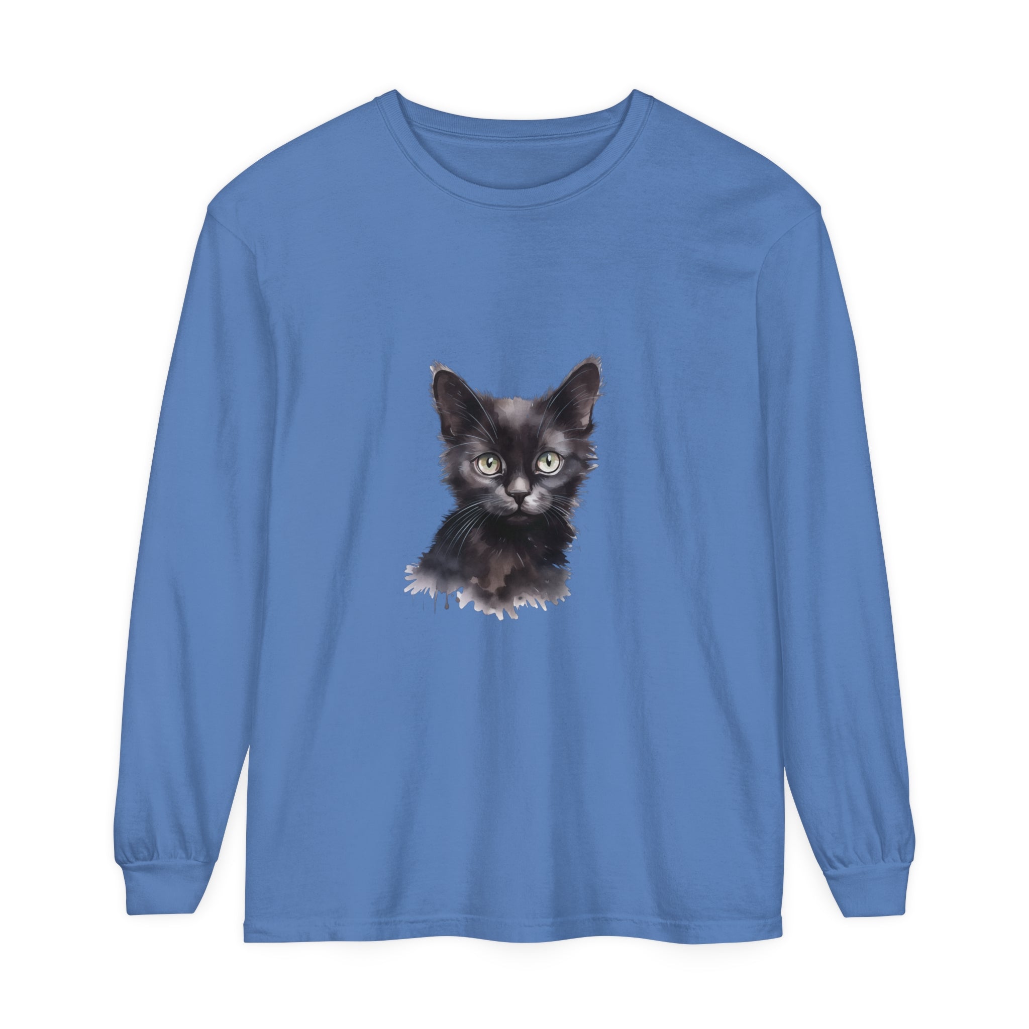 Black Cat Watercolor Long Sleeve T-Shirt with vibrant watercolor cat design