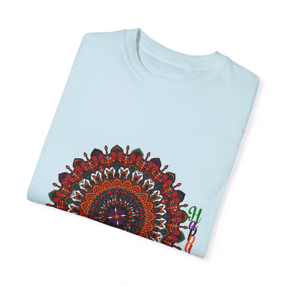 Handmade pumpkin mandala art printed on unisex Halloween t-shirt, garment-dyed for a unique and vibrant look