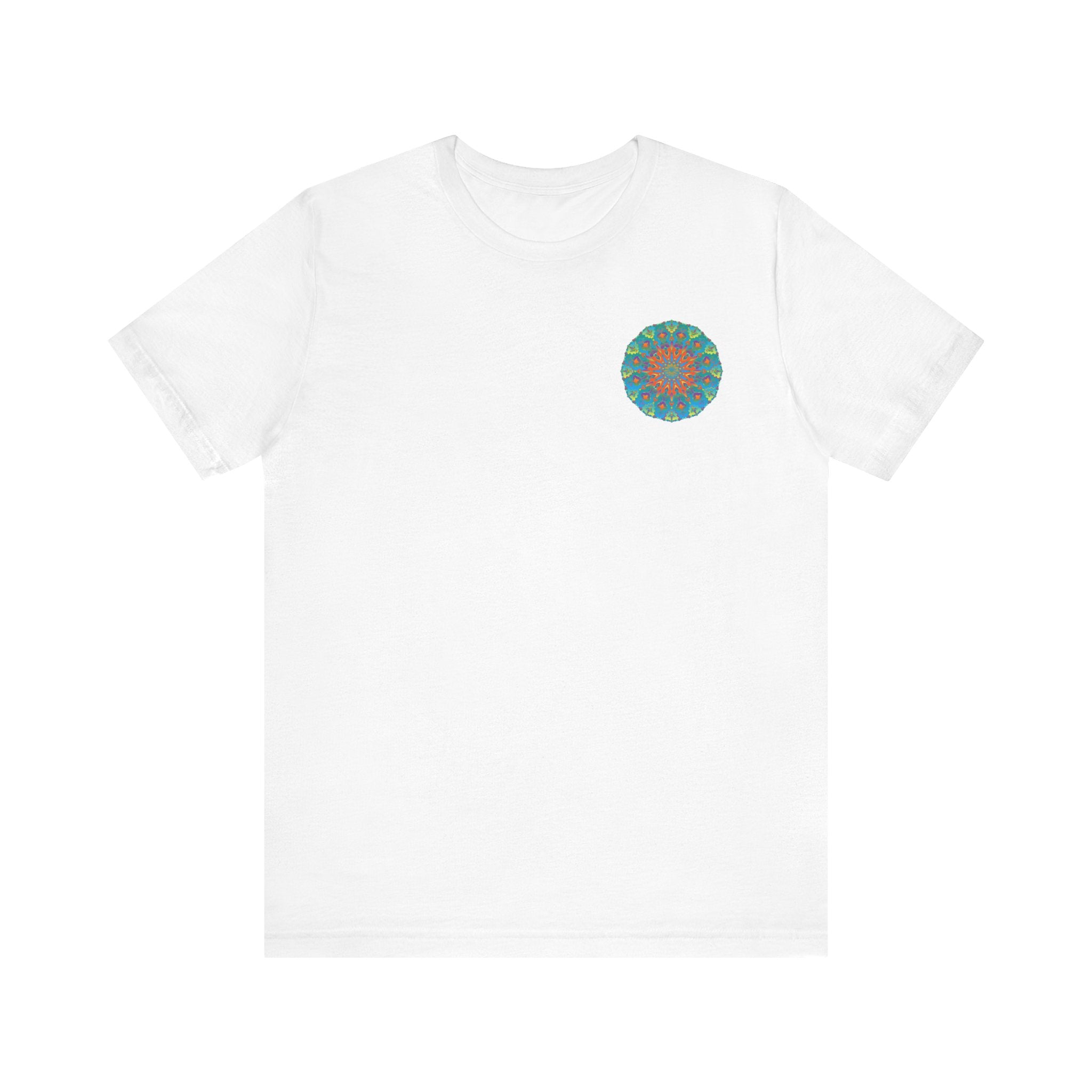 Alt text: A colorful mandala tee featuring intricate designs symbolizing spiritual peace and harmony, perfect for connecting with inner serenity