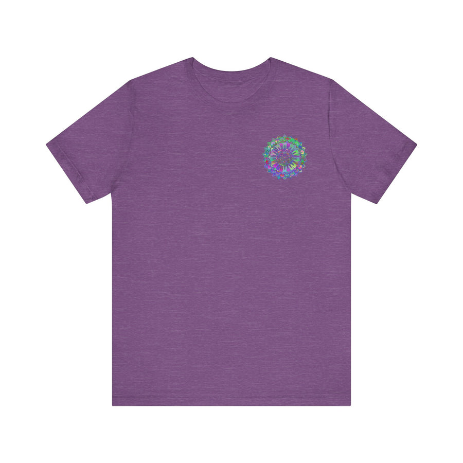 A close-up image of a vibrant mandala tee, featuring intricate spiritual patterns symbolizing peace and harmony