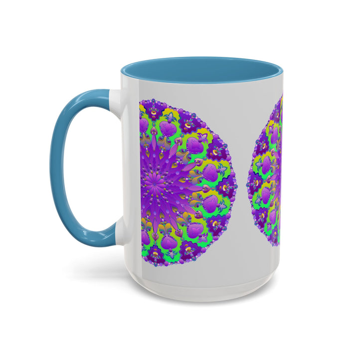 Beautiful purple mandala design on a grey ceramic mug, perfect for enjoying your favorite hot beverage in style