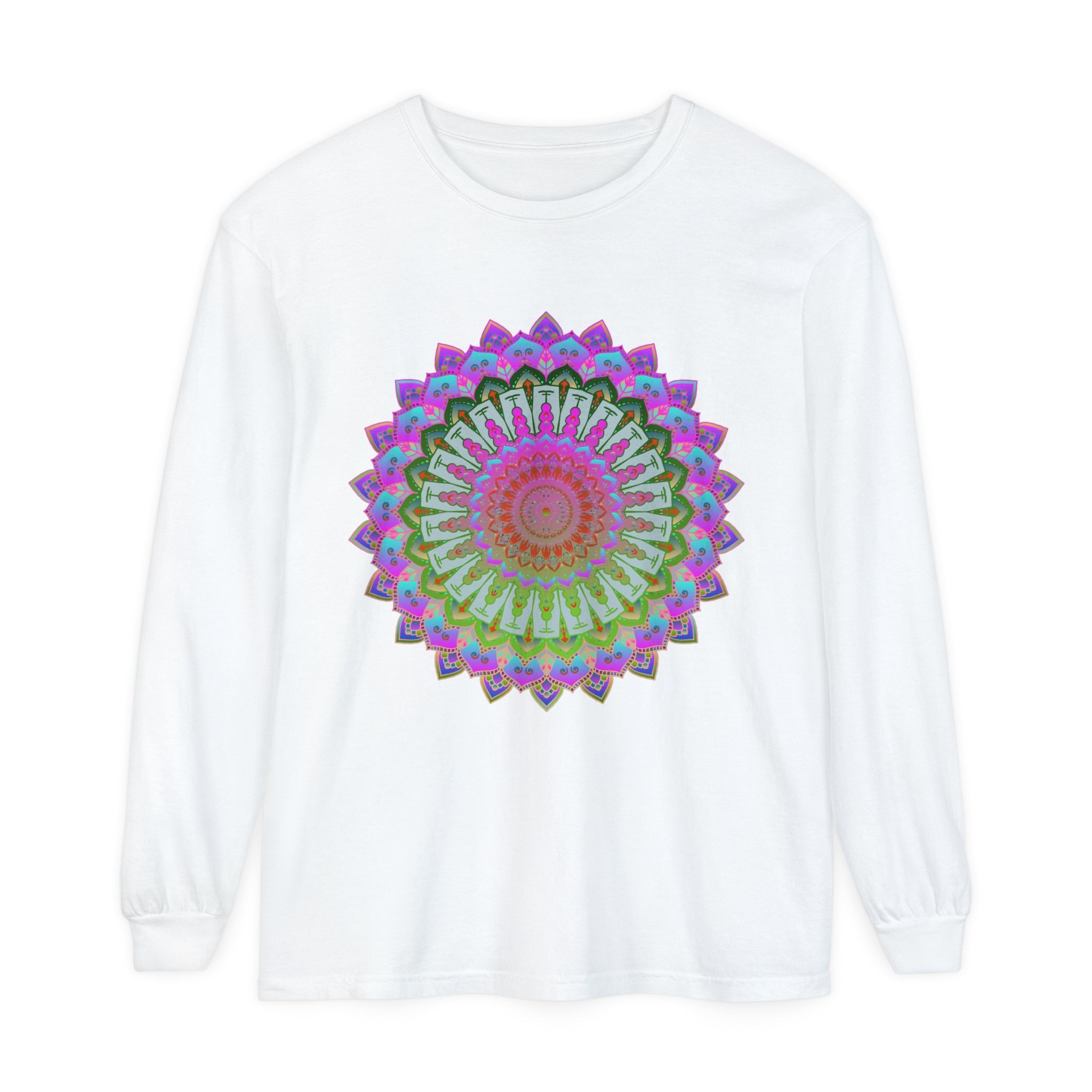 Vibrant and colorful mandala design on a unisex long sleeve t-shirt