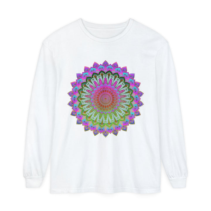 Vibrant and colorful mandala design on a unisex long sleeve t-shirt