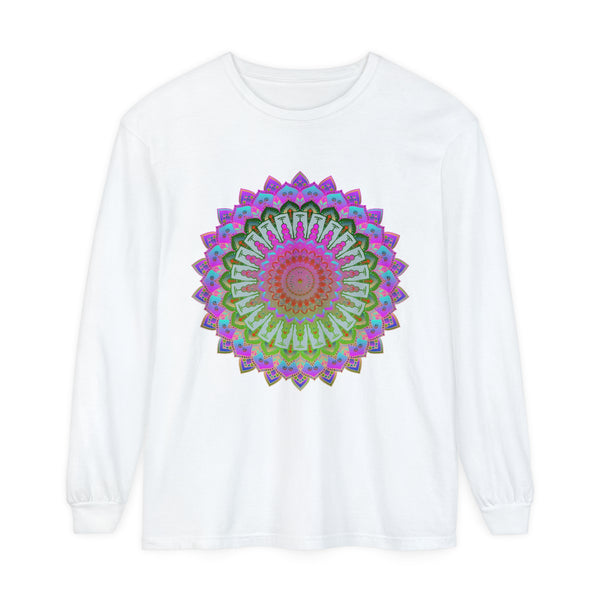 Vibrant and colorful mandala design on a unisex long sleeve t-shirt