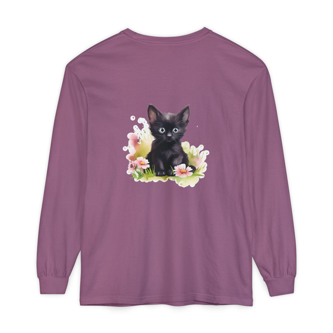 Black Kitten & Pink Flowers Long Sleeve T-Shirt