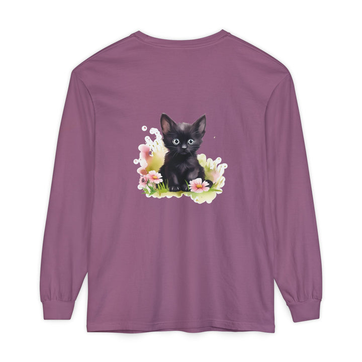 Black Kitten & Pink Flowers Long Sleeve T-Shirt