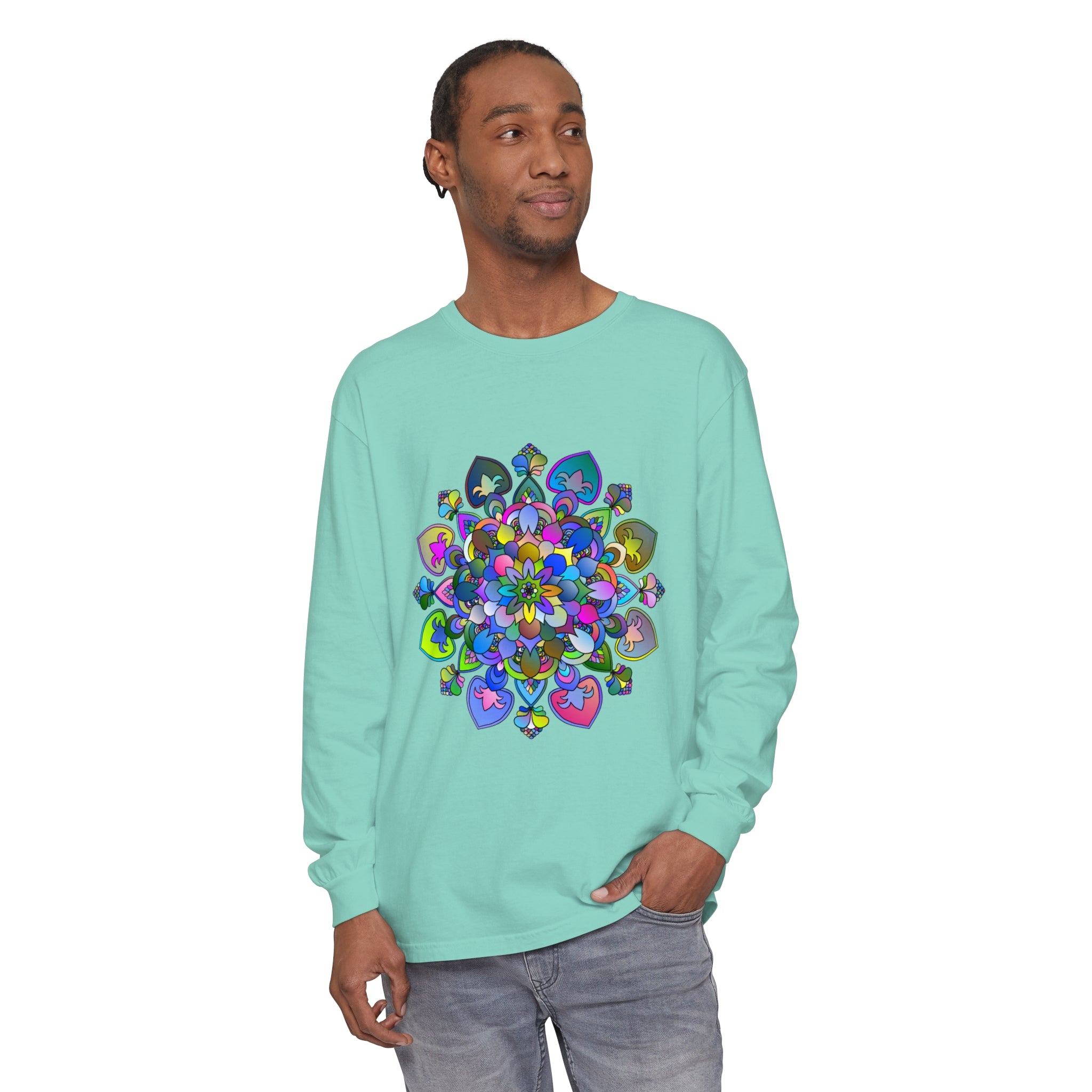 Colorful and intricate mandala design long sleeve t-shirt for a vibrant look