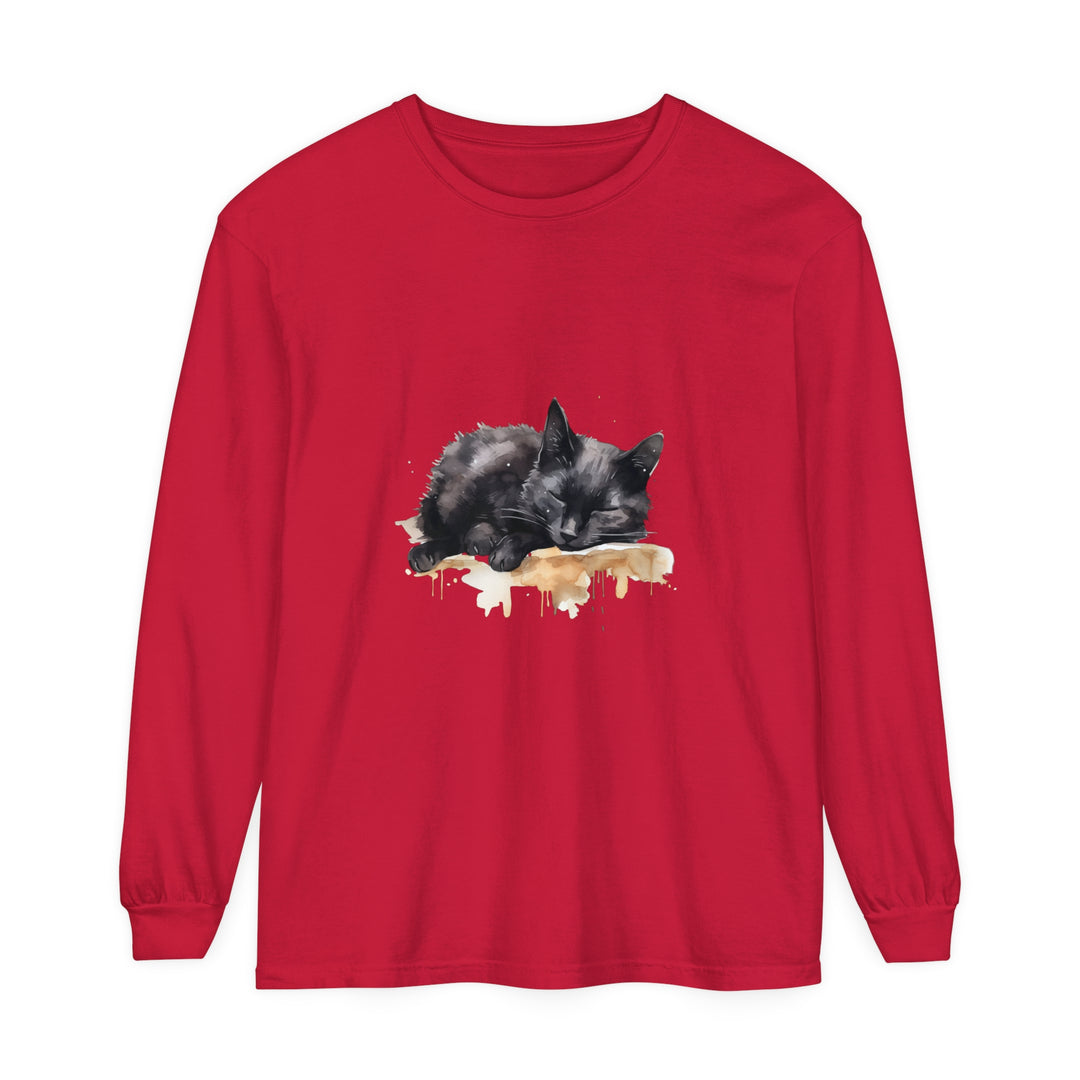 Beautiful watercolor illustration of a sleeping black cat on a comfortable t-shirt