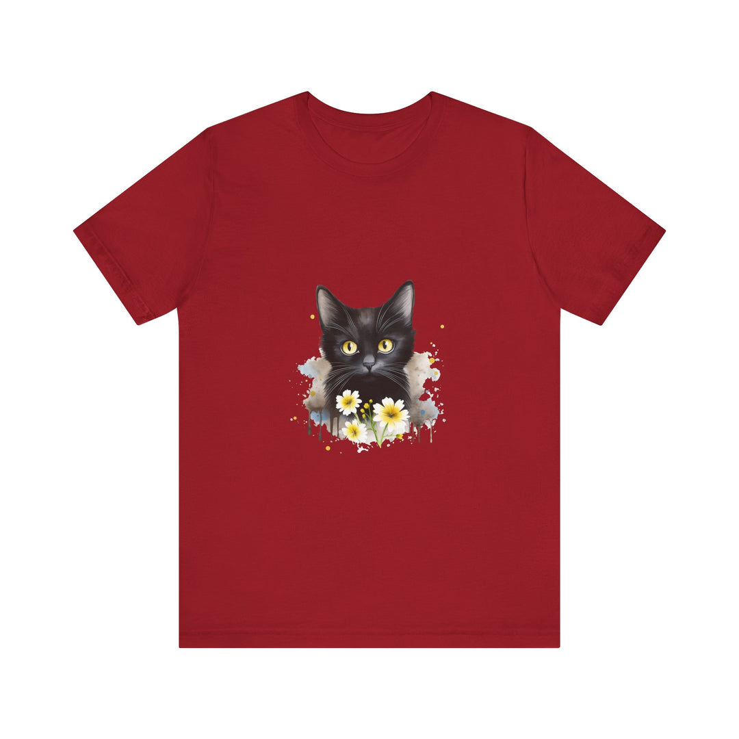 An eye-catching black cat with vibrant yellow eyes printed on a comfortable t-shirt