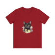 An eye-catching black cat with vibrant yellow eyes printed on a comfortable t-shirt