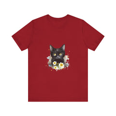 An eye-catching black cat with vibrant yellow eyes printed on a comfortable t-shirt