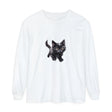 A colorful watercolor illustration of a playful kitten printed on a white t-shirt