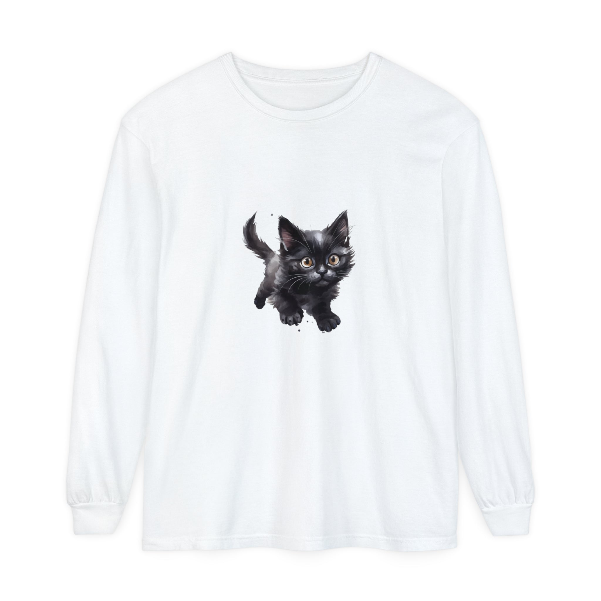 A colorful watercolor illustration of a playful kitten printed on a white t-shirt