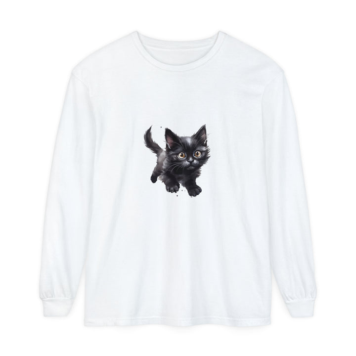 A colorful watercolor illustration of a playful kitten printed on a white t-shirt