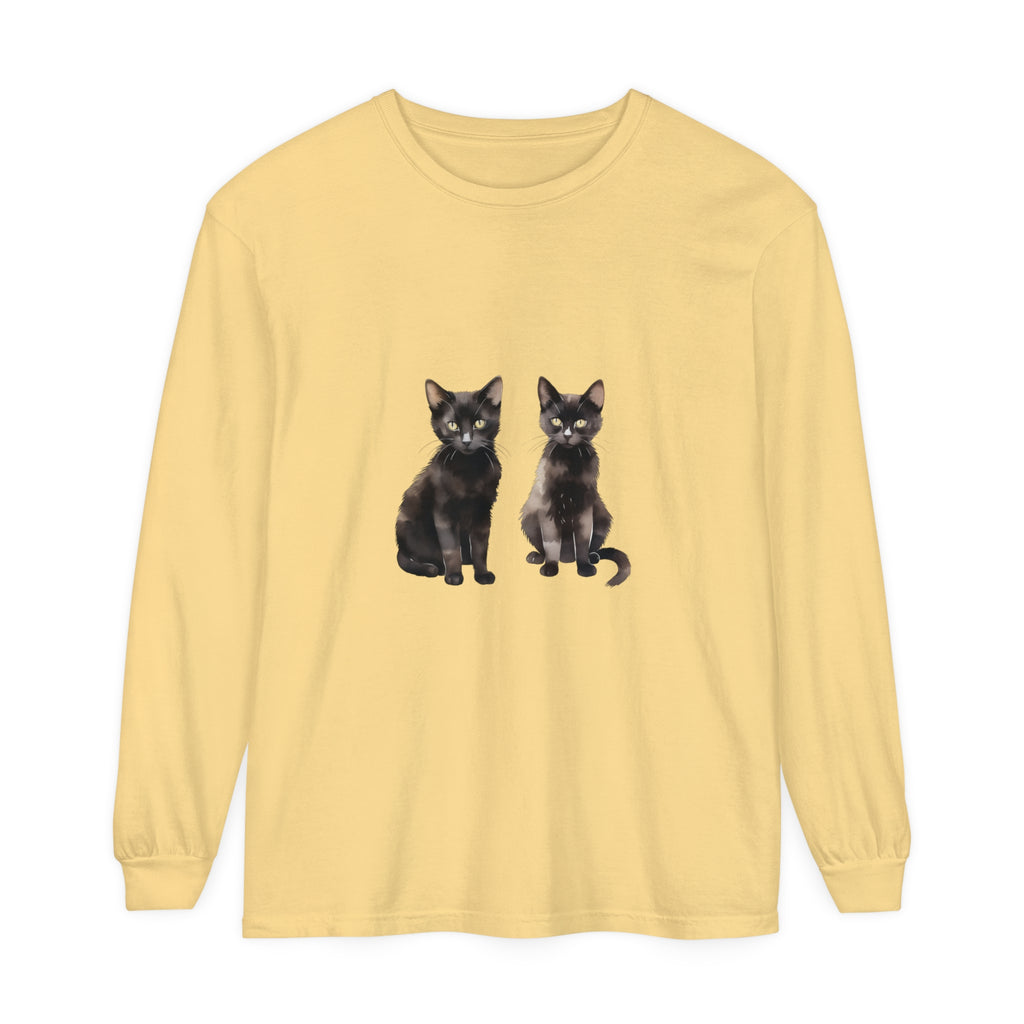 Black Cat Watercolor Art Long Sleeve T-Shirt featuring a colorful feline design