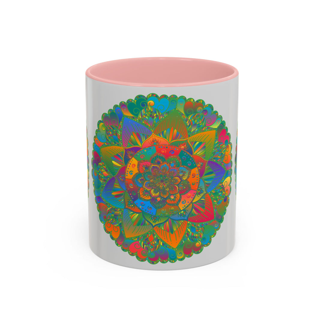 A vibrant and intricately painted ceramic mug featuring a colorful floral mandala design