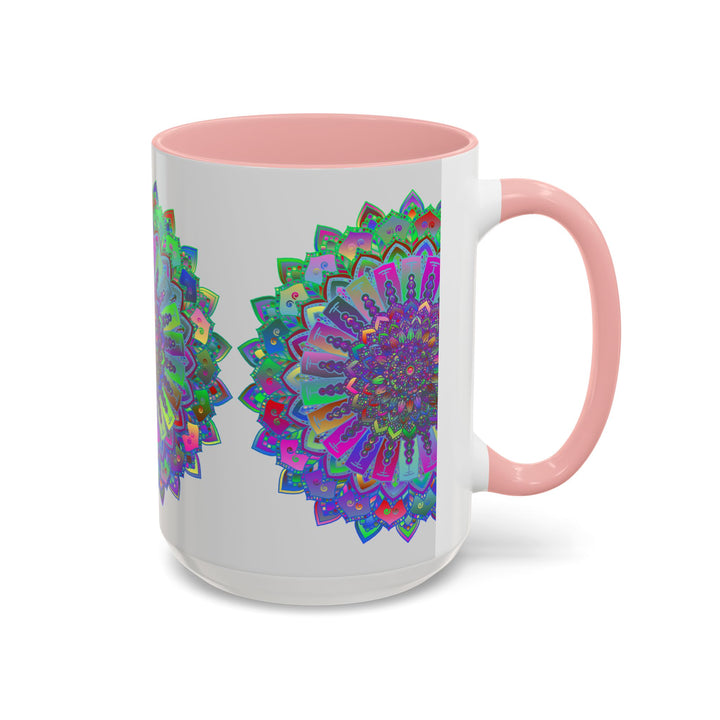 Beautiful mandala art mug with intricate and colorful patterns in shades of pink and purple