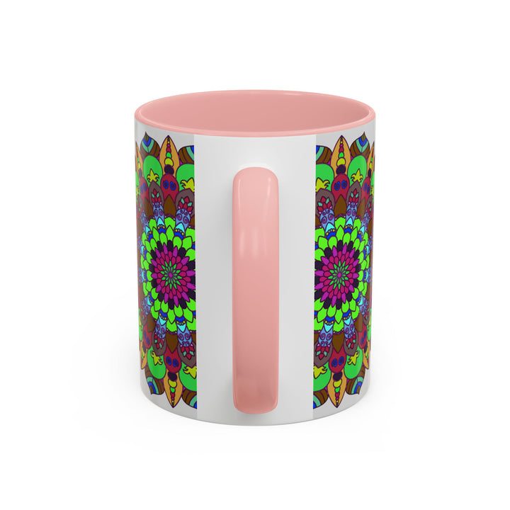 Colorful mandala art mug featuring a vibrant floral design on a white background