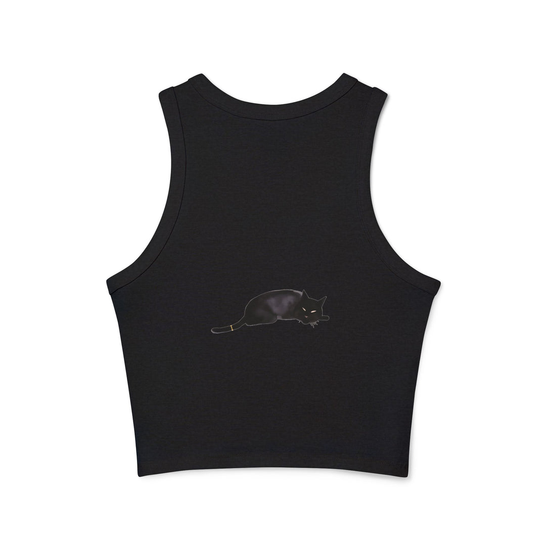 A black sleeveless tank top with a cute sleeping black cat design