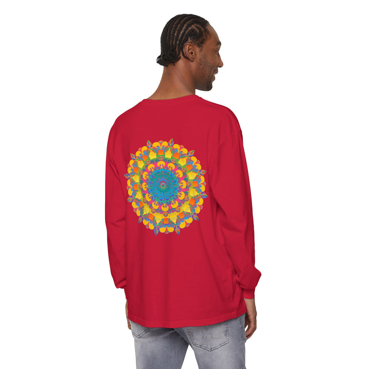 Colorful and intricate mandala design on a unisex long sleeve t-shirt